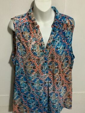 Dana Buchman Blue Multi Sleeveless V-Neck Printed Blouse size XL
